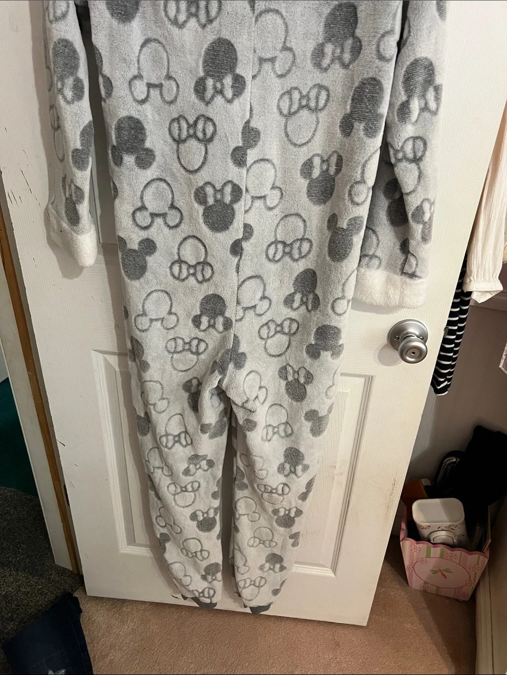Disney Gray & White Fleece Hooded One-Piece Pajama with Pom Pom Ties - Picture 3 of 8